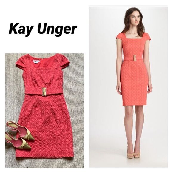 Kay Unger Deep Coral Textured Gold Belted Dress - Picture 1 of 16